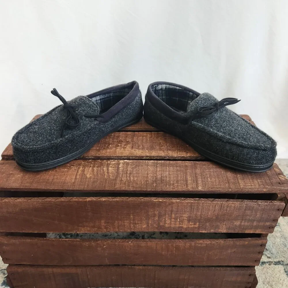 Dearfoams Memory Foam Slippers Mens 11-12 Large Closed Back Gray Shoe Plaid In